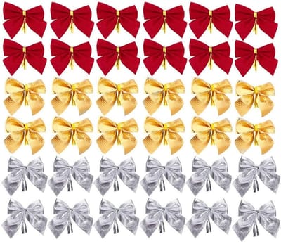 Dailygoods- Kerststrik 36 Stuks - Decoraties voor Kerstboom/Hangende Decoraties - Goud/Rood/Zilver - Flocking Doek - Afmetingen 5x6 cm - Sfeervolle Versiering - Decoratiestrik