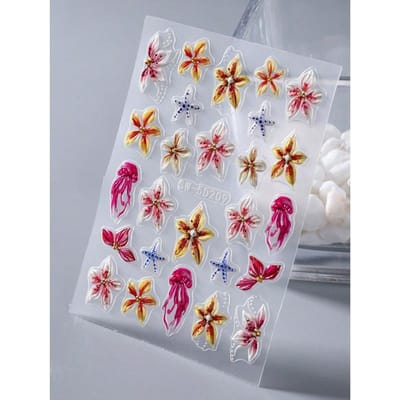1 pièce Autocollants Hibiscus Gaufrés 5D Style Océanique d'Été, Décorations Auto-adhésives pour Nail Art Motif Coquillage & Méduse, Fournitures Manucure Femme SW-5D209 white