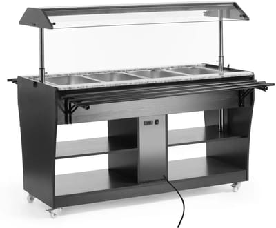 HENDI Warm buffetdisplay – 4 GN containers – Zwenkwielen – Verlichting – Zwart & RVS