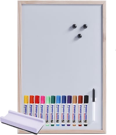 Zeller Magnetisch whiteboard/memobord - houten rand - 40 x 60 cm - 12x power liner stiften/wisser