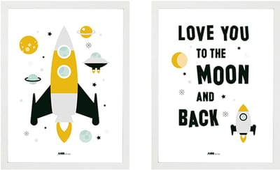 Poster set Raket wit 2x maat A4 – raket – ruimte – ruimtevaart - kinderkamer - jongenskamer - muurdecoratie - kinderkamerstyling – kinderkameraccessoire