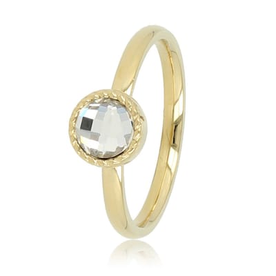 My Bendel - Goudkleurige Ring met Kristal Glassteen - Ring met Ronde Glassteen & Getwist Randje • Kristal • Goudkleurig - met Luxe Cadeauverpakking | Sieraden Voor Dames | Maat 17.00 Mm / Maat 53