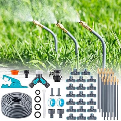 360° Verstelbaar Druppelirrigatiesysteem Kit - 30M Tuin Bewateringssysteem - Verneveling & Koeling - Met Messing Sproeiers & Slangsplitter