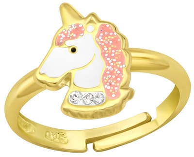 Joy|S - Zilveren eenhoorn ring - unicorn - kristal - verstelbaar - gold plated - voor kinderen - goudkleur met roze