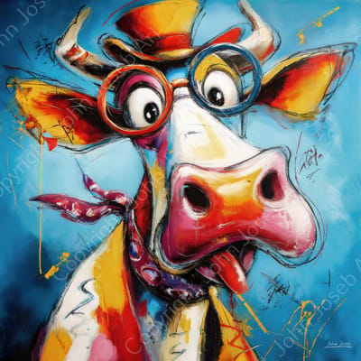John Joseb Art (Aluminium) 80x80 | Grappige koe / stier met bril en hoed, humor, abstract, kleurrijk, kunst, vierkant, dier, rood, geel, blauw, wit, modern | foto-schilderij op dibond, metaal wanddecoratie