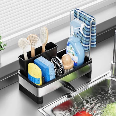 Stainless Steel Sink Organizer - Keuken Organizer met Zelf-Leeglopend Afvoersysteem - Afneembare Sponshouders voor Borstels en Afwasmiddelen - Afwasmiddel Accessoires in Keuken of Badkamer (Zwart)
