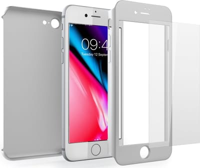 Hoesje geschikt voor Apple iPhone 8 - Voor en Achterkant 360 Graden Hoesje Mat Zilver + Screenprotector (Gehard Glas Screen Protector) Shockproof - Full Body Slim Fit Cover Case