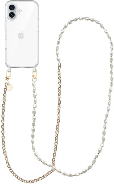 xoxo Wildhearts siliconen hoesje - Geschikt voor iPhone 17 hoesje - Over The Moon - Telefoonhoesje - Hoesje met koord - Parelketting / Gouden schakelketting - lang telefoonkoord - Transparant hoesje (lange variant)