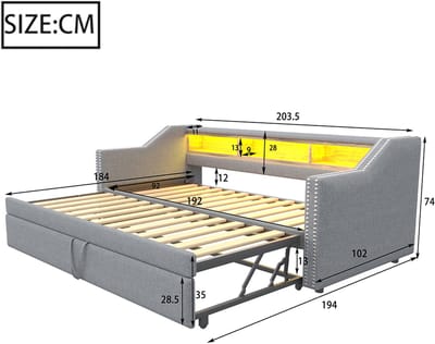 Komhtom Volwassen bed Enkel bed Sofa bed 90/180 x 190 cm LED licht en USB stopcontact Lichtgrijs