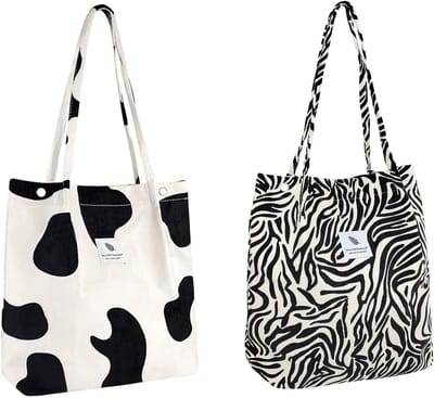 Dames Schoudertas van Corduroy met Luipaardpatroon, Ruime Tote Bag voor Werk, School en Vrije Tijd