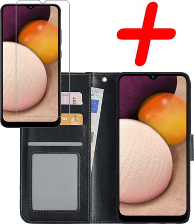 Hoesje Met Screenprotector - Geschikt voor Samsung Galaxy A02s - Luxe Pasjeshouder - Bookcase Portemonee - Flip Case - Kunstleer Book Case - Flipcase - Book Cover - Walletcase - Portemonneehoes - Zwart