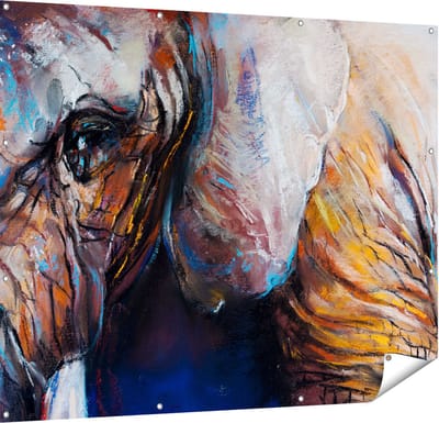 Gards Tuinposter Getekende Olifant van Dichtbij - Abstract - 150x120 cm - Tuindoek - Tuindecoratie - Wanddecoratie buiten - Tuinschilderij