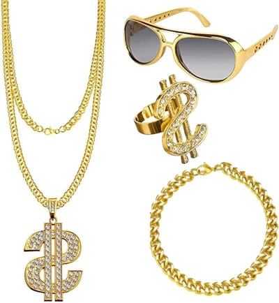 Gouden Dollar Ketting Set met Ringen en Bril, Hip Hop Accessoires voor Carnaval en Feestjes, Perfect voor Thema Partijen