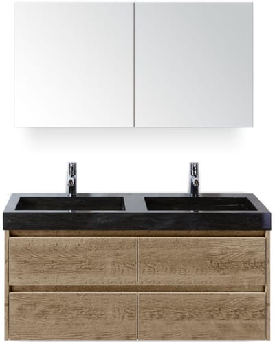 Dante Badmeubelset 120 cm - Natuur Eiken - Wastafel Hardsteen Wit Lucca Dubbel met Spiegelkast