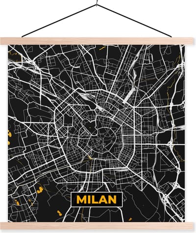 Posterhanger incl. Poster 40x40 cm - Schoolplaat - Milaan - Stadskaart - Goud - Plattegrond - Kaart - Textielposter - Blanke latten - Stadskaart