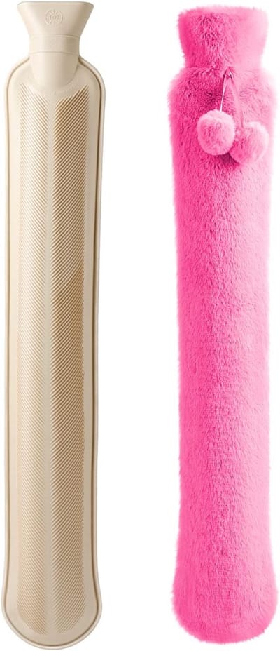 Warmwaterkruik - Extra Lange kruik met hoes - Fleece hoes grijs - Verlicht Nek, Schouder & Buikpijn - 2.5 L - cadeau voor vrouw, vriendin en verjaardag - kerst cadeautje - Roze