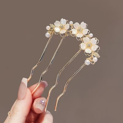 Élégant peigne-épingle à cheveux floral doré avec design imitation et relevé pour femmes - Accessoire de cheveux en alliage style vintage doré