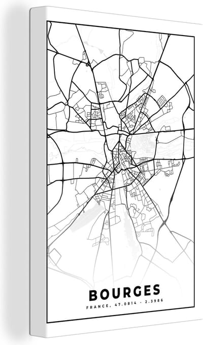 Canvas Schilderij Stadskaart - Plattegrond - Bourges - Kaart - Frankrijk - Zwart wit - 20x30 cm - Wanddecoratie