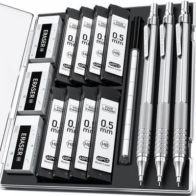 PromoHome 0,5 mm vulpotloodset met etui - Metalenset met 8 buizen (480 stuks) HB-vullingen, 3 gummetjes en 9 gummetvullingen - Professioneel teken- en schrijfmateriaal voor kunstenaars, ingenieurs en studenten