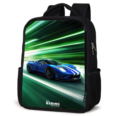 NoBoringSuitcases.com® - Rugzak zwart - Schooltas jongen & meisje - Blauwe raceauto met strepen in groene tunnel - Rugtas voor school - Boekentas kind - Schoolrugzak - Kinderrugzak