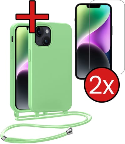 Hoesje Geschikt voor iPhone 13 Mini Hoesje Siliconen Case Met Koord Met 2x Screenprotector - Hoes Geschikt voor iPhone 13 Mini Hoesje Backcover Met Telefoonkoord - Groen