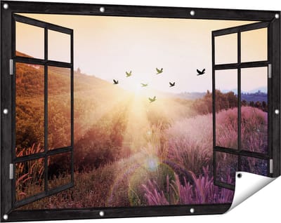 Gards Tuinposter Doorkijk Silhouet Zwerm Vogels bij Zonsondergang - 120x80 cm - Tuindoek - Tuindecoratie - Wanddecoratie buiten - Tuinschilderij