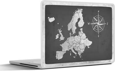 Laptop sticker - 12.3 inch - Vintage Europakaart met windroos - zwart wit - 30x22cm - Laptopstickers - Laptop skin - Cover