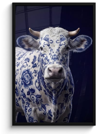 Poster in lijst - Fotolijst 60x90 cm - Posters - Koe - Delfts - Blauw - Artistiek - Posterlijst zwart - Decoratie - Wanddecoratie woonkamer - Muurdecoratie slaapkamer