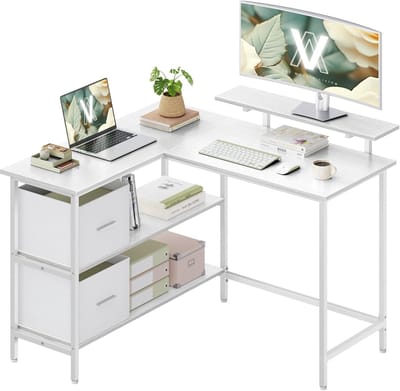 VASAGLE L-vormig bureau, hoekbureau, 2 ruime laden, computertafel met monitorstandaard, met verstelbare plank, voor thuiskantoor, esdoornwit LWD097W01
