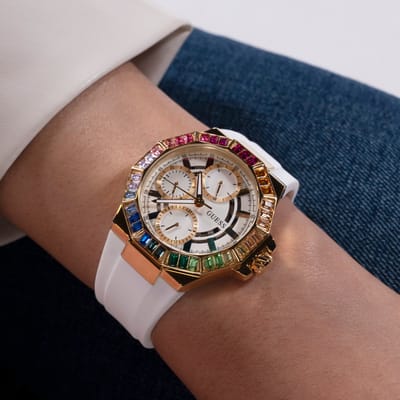 Guess Selene Multifunctioneel Horloge Wit Kast Gemaakt Van 100% Roestvrij Staal En Een Band Van 100% Siliconen 39 GW0779L1