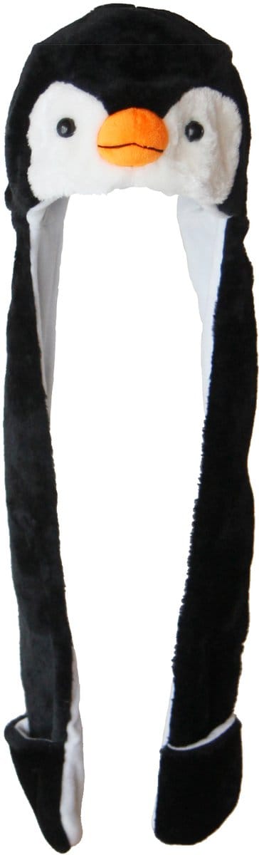 KIMU® Muts Wanten Pinguin - Sjaalmuts met Oortjes Zwart Wit Vogel - Bontmuts Kinderen of Volwassenen met Klein Hoofd - Sjaal Pluche Kindermuts Festival