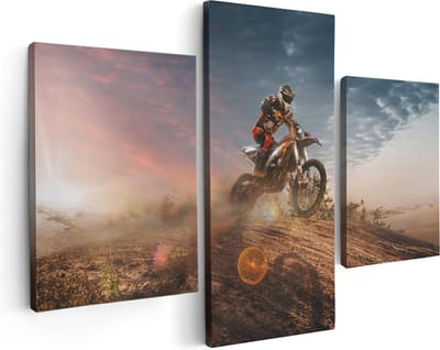 Artaza Canvas Schilderij Drieluik Motorcross Op Een Heuvel Bij Zonsondergang - 90x60 - Foto Op Canvas - Canvas Print