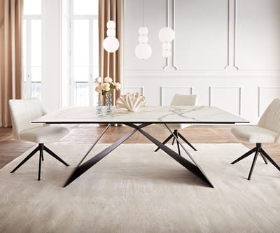 Eetkamertafel Edge keramiek Calacatta Luxe wit-goud-grijs 200x100 V-frame vlak staal zwart