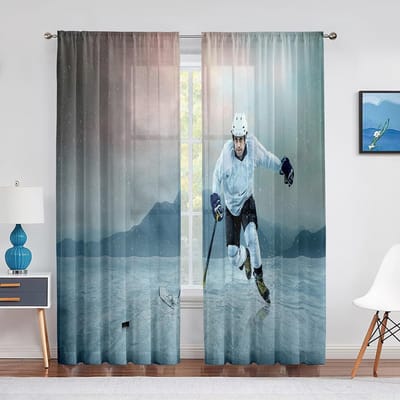 IJshockey Sport Speler Transparant Voile Gordijn Sportarena Raam Chiffon Tule Gordijnen voor Woonkamer Slaapkamer Decoratie Draperieën 1 PCS W100XH250cm&Grommet Top