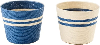 J-Line bloempot Gestreept - papier - wit/blauw - small - set van 2