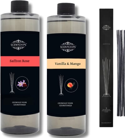 Navulling saffron rose + vanille mango + geurstokjes - Geurstokjes Navulling Set van 2 + 5 Geurstokjes - Geurverspreider - Luchtverfrisser - Huisparfum - 400ml x 2