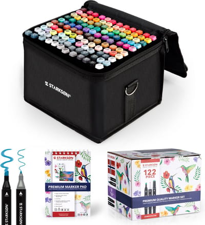 STARKSØN 122 Stuks Twinmarkers Tekenset – Alcohol Dual Tip Brush Markers – Dubbelzijdige Stiften – Twinmarker & Markeerstift – Incl. Opbergtas & Schetsboek