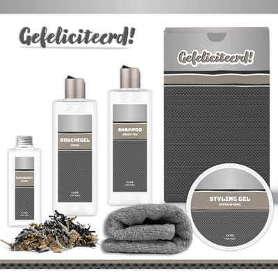 Geschenkset "Gefeliciteerd!" - 5 Producten - 900 Gram | Giftset voor hem - Luxe cadeaubox man - Douchegel - Shampoo - Styling Gel - Scrubzout - Verjaardag - Vader - Wellness - Pakket - Cadeau set - Broer - Vriend - Collega - Antraciet