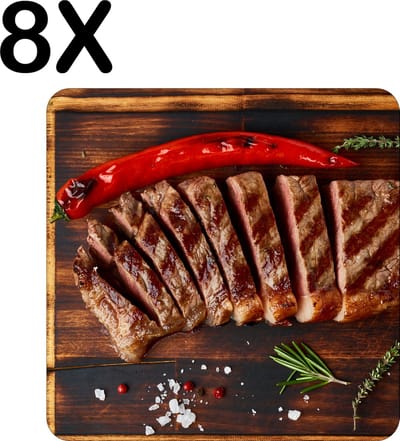 Luxe Placemat - Gegrilde Biefstuk met Peper op Houten Ondergrond - Set van 8 Placemats - 50x50 cm - 2 mm dik Vinyl - Anti Slip - Afneembaar