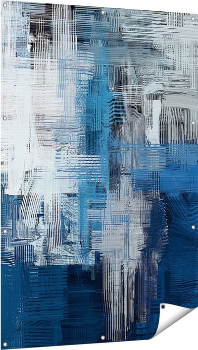 Gards Tuinposter Abstracte Kunst - Blauw Witte Penseelstreken - 100x150 cm - Tuindoek - Tuindecoratie - Wanddecoratie buiten - Tuinschilderij