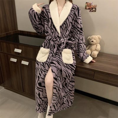 Vrouwen flanellen kamerjas slaapkleding bloemenprint sjaalkraag badjas kimono kamerjas met riem winter warme pyjamakleding L