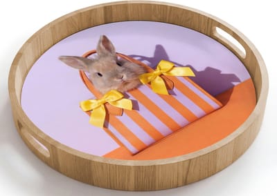 Dienblad rond 40x40 cm - Schootdienblad hout - Tas - Strepen - Konijn - Bruin - Borrelplank rechthoek - Plateau houten dienbladen