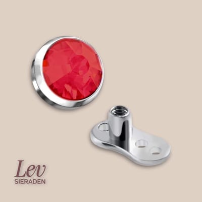 Lev Sieraden - Titanium Dermal anchor 5mm top - Ruby kleurige Zirkonia - Internally threated - Silver - Piercing - Dermal anchor piercing - Zilver - Rood steen - Red Zirkonia