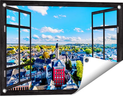 Gards Tuinposter Doorkijk Maastricht Stad met Huizen - 60x40 cm - Tuindoek - Tuindecoratie - Wanddecoratie buiten - Tuinschilderij