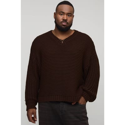 Plus Chunky Knit Oversized V Neck Jumper | Chocolate | Size 2XL