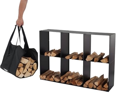 Houtopslag voor binnen en buiten - Met draagtas - Zwart metaal (80x28x120cm)