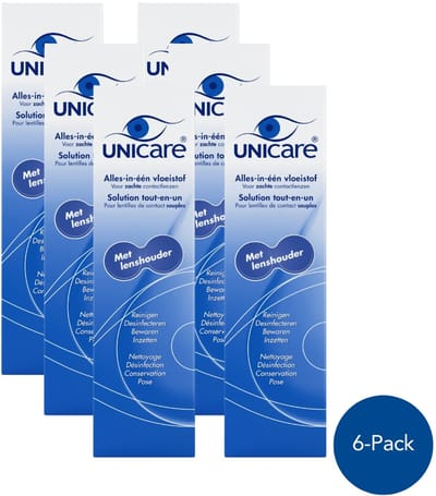 Unicare Alles-in-één Lenzenvloeistof - Voordeelverpakking 6 x 360 ml - Voor Zachte Contactlenzen - Reiniging - Desinfectie - Inclusief 6 Lenzendoosjes