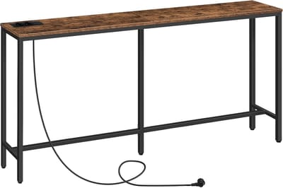 HOMESY Consoletafel met Laadstation, 160 cm Slanke Banktafel, Industriële Inkomtafel met USB-Poorten, Bankbijzettafel Voor Entree, Hal, Foyer, Woonkamer, Vintage Bruin