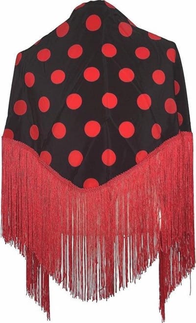 Spaanse manton - omslagdoek - zwart met rode stippen bij verkleedkleding of flamenco jurk