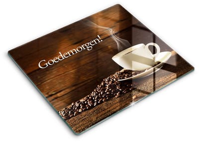 Wallfluent Glazen Snijplanken - Goedemorgen! Kopje koffie Snijplanken Glas - 60 cm x 52 cm - Bruin Snijplanken van Glas - Glazen Hakplank - Glazen Snijplank Voor Keuken - Antislip Glazen Snijplank